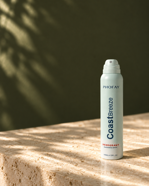 Mint CoastBreeze fragrance deodorant spray in warm sunlight on natural stone.