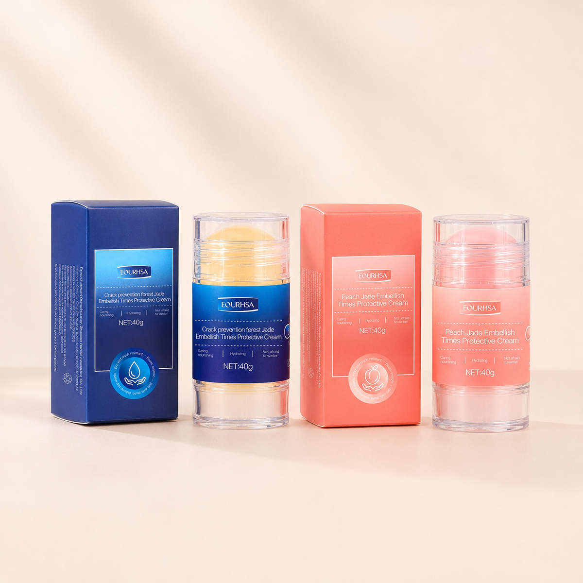 EOURHSA Blue and Pink 40 g care sticks with two matching cartons.